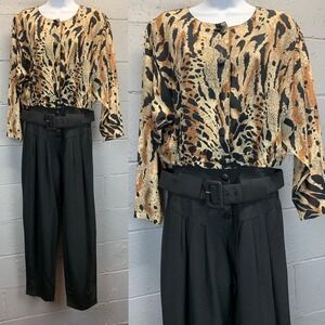 Vintage 1980s  Leopard Print Jumpsuit Size 8 Lounge Suit Belted